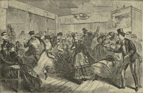 Engraving of one of the city's old nocturnal establishments, Harry Hill’s concert saloon on Houston Street. 